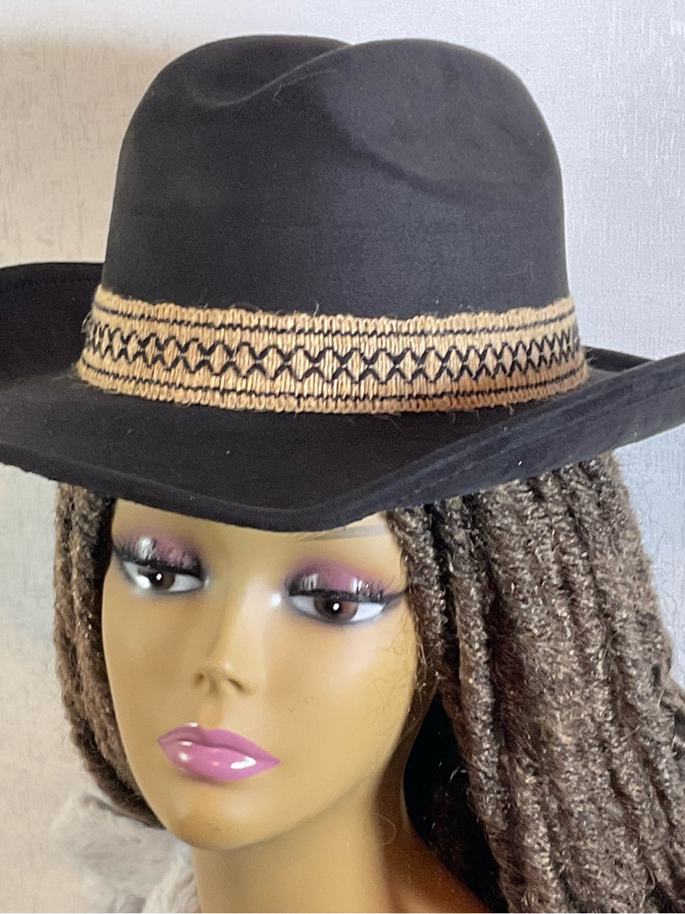 Stylish Black Fedora Hat with Braided Tan Band